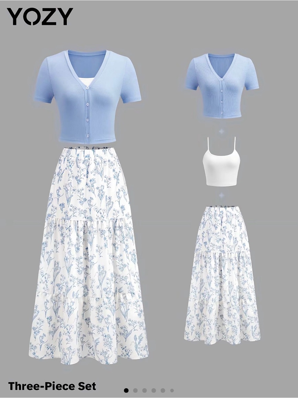 Women's Blue Cardigan & White Floral Maxi Skirt Set